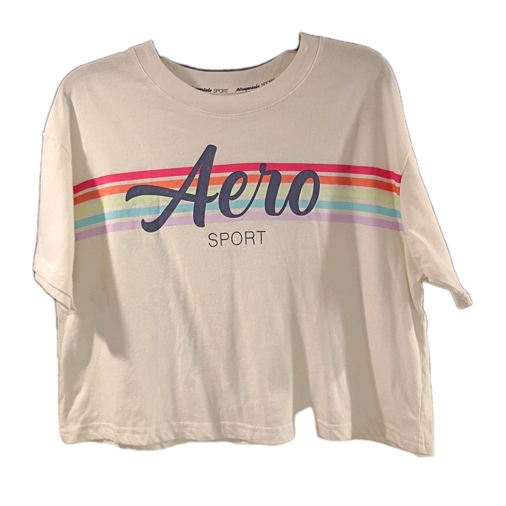 VTG Colorful Aero Aeropostale Sport Graphic Crop Top T-shirt Crew Size Large EUC